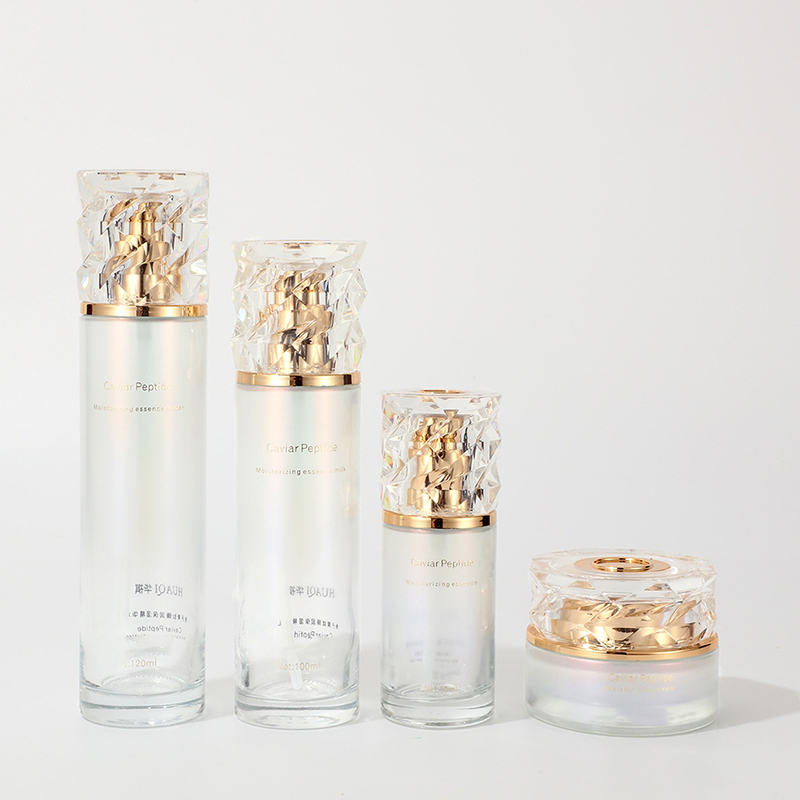 Set di imballaggi cosmetici sfumati colorati Flacone di lozione in vetro per la cura della pelle in barattolo di crema per il viso vuoto stampato con pompa Set di imballaggi cosmetici sfumati colorati Flacone di lozione in vetro per la cura della pelle in barattolo di crema per il viso vuoto stampato con pompa