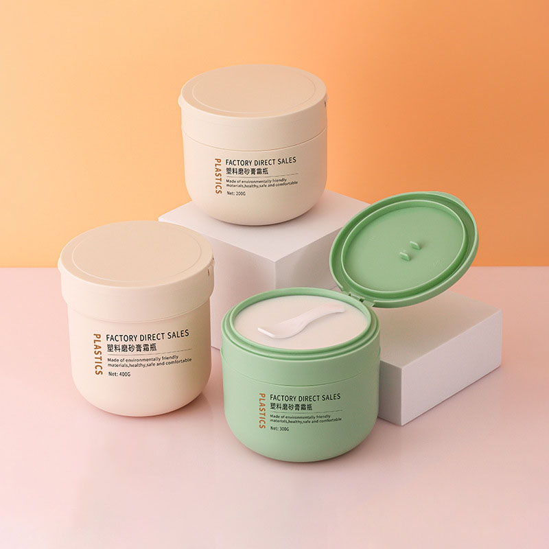 200g 300g 400g plastica satinata rotonda cosmetica maschera per la cura della pelle vaso di crema sbiancante rimozione lentiggine contenitore per la protezione solare con cucchiaio
