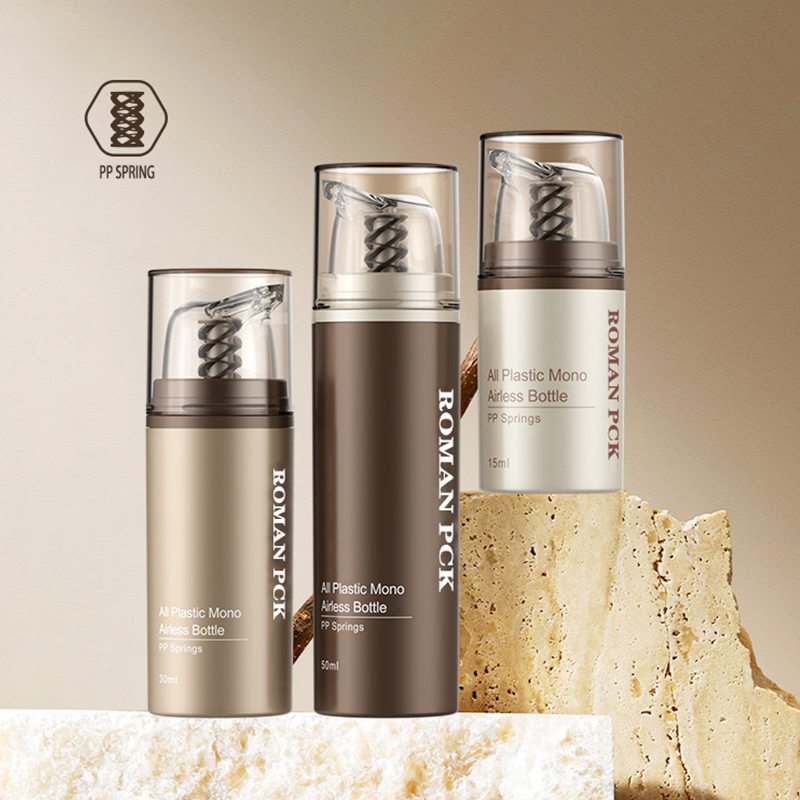 Contenitore per trucco dispenser per cura della pelle con pompa trasparente per crema cosmetica senz'aria in plastica marrone per lozione gel crema