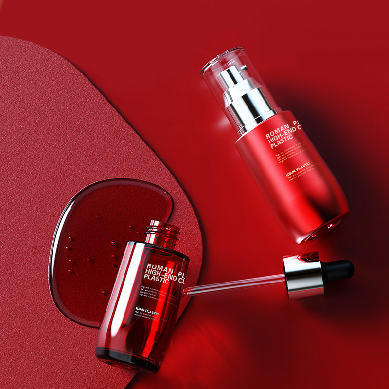 Flacone di olio cosmetico ricaricabile 50ml Flacone contagocce di siero per la cura del viso in PETG rosso vino con contagocce per set di flaconi di crema