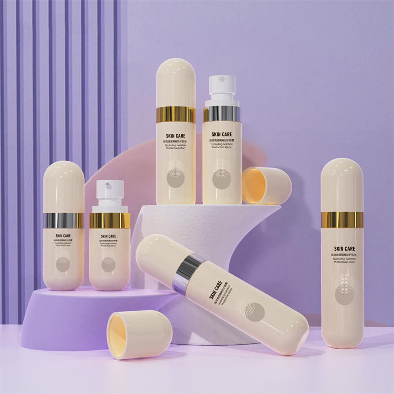 Flacone di plastica beige Flacone da 40 ml 60 ml 80 ml Contenitori spray per alcol per la cura della pelle Flacone spray per protezione solare continua Nebbia per capelli
