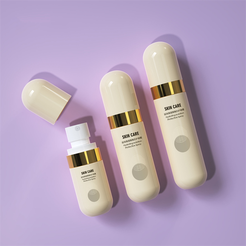 Flacone di plastica beige Flacone da 40 ml 60 ml 80 ml Contenitori spray per alcol per la cura della pelle Flacone spray per protezione solare continua Nebbia per capelli