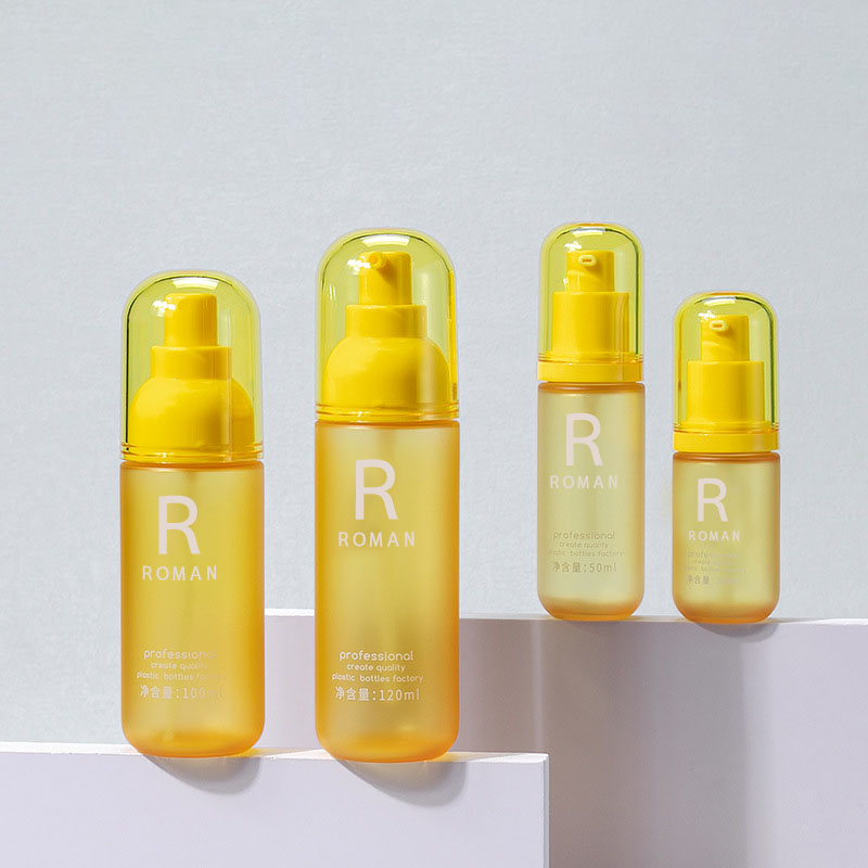 Bottiglia per struccante gialla per animali domestici da 30 ml 50 ml 100 ml 120 ml Bottiglia per crema per il corpo con pressa rotonda per lavaggio viso Bottiglia per lozione in plastica da 3,5 once