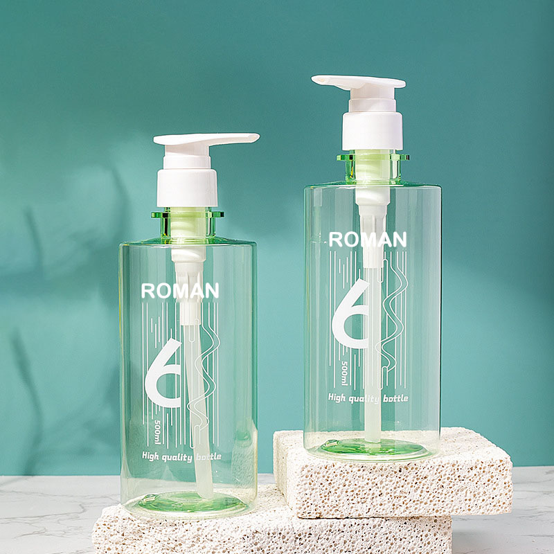 Set di flaconi con pompa per shampoo e balsamo in plastica verde PET per la cura della pelle, olio detergente per il corpo, scrub per il corpo, lozione per il lavaggio, spray per capelli