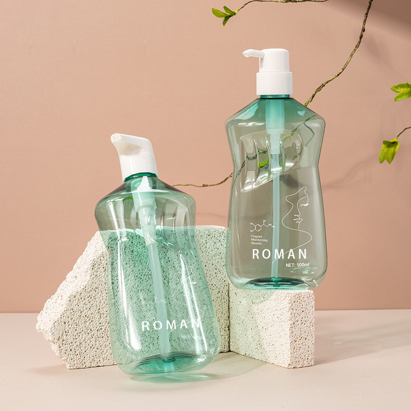 Bottiglia vuota per lozione in plastica PET a vita sottile da 500 ml. Bottiglia di shampoo verde trasparente carina e innovativa con pompa per lozione Bottiglia vuota per lozione in plastica PET a vita sottile da 500 ml. Bottiglia di shampoo verde trasparente carina e innovativa con pompa per lozione