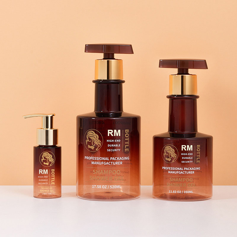 Campione gratuito Bottiglia per shampoo a collo lungo color ambra nera oro Bottiglia vuota per lavaggio a mano Bottiglie per pompa per lozione per il corpo in plastica 300ml 500ml
