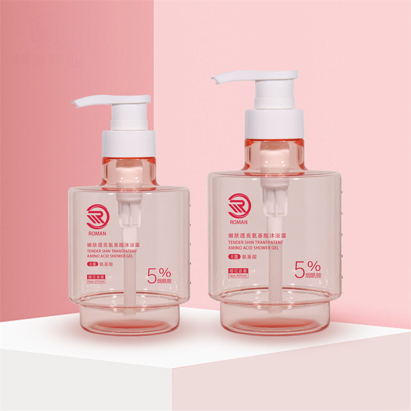 Nuovo arrivo Premium Pink 250ml 300ml 400ml Opaco trasparente vuoto rotondo di lusso per la cura della pelle Olio per il corpo Siero per il viso Pompa e bottiglia di lozione con imballaggio
